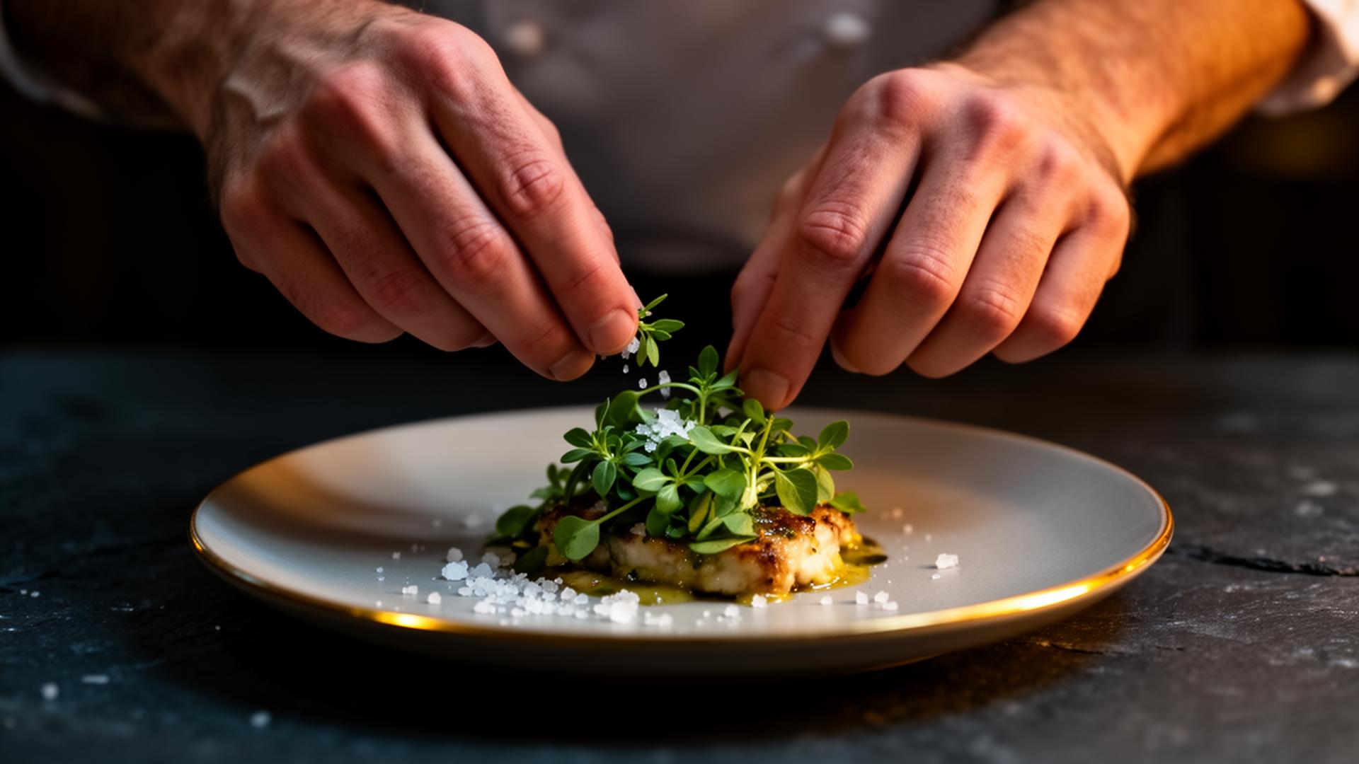 Chef's hands garnishing a plated course with fresh herbs and finishing salt
