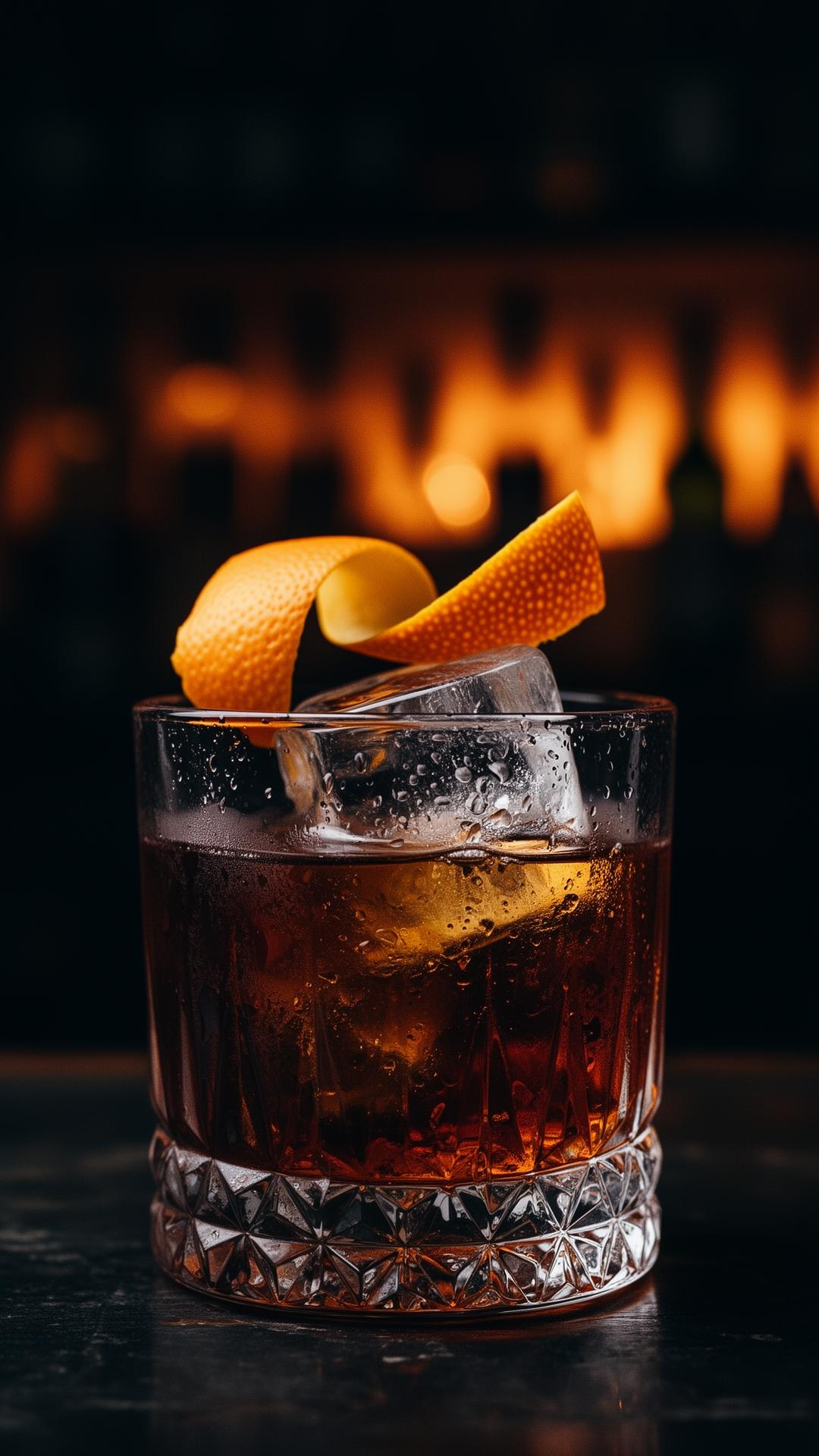 Foster Old Fashioned cocktail with orange peel garnish