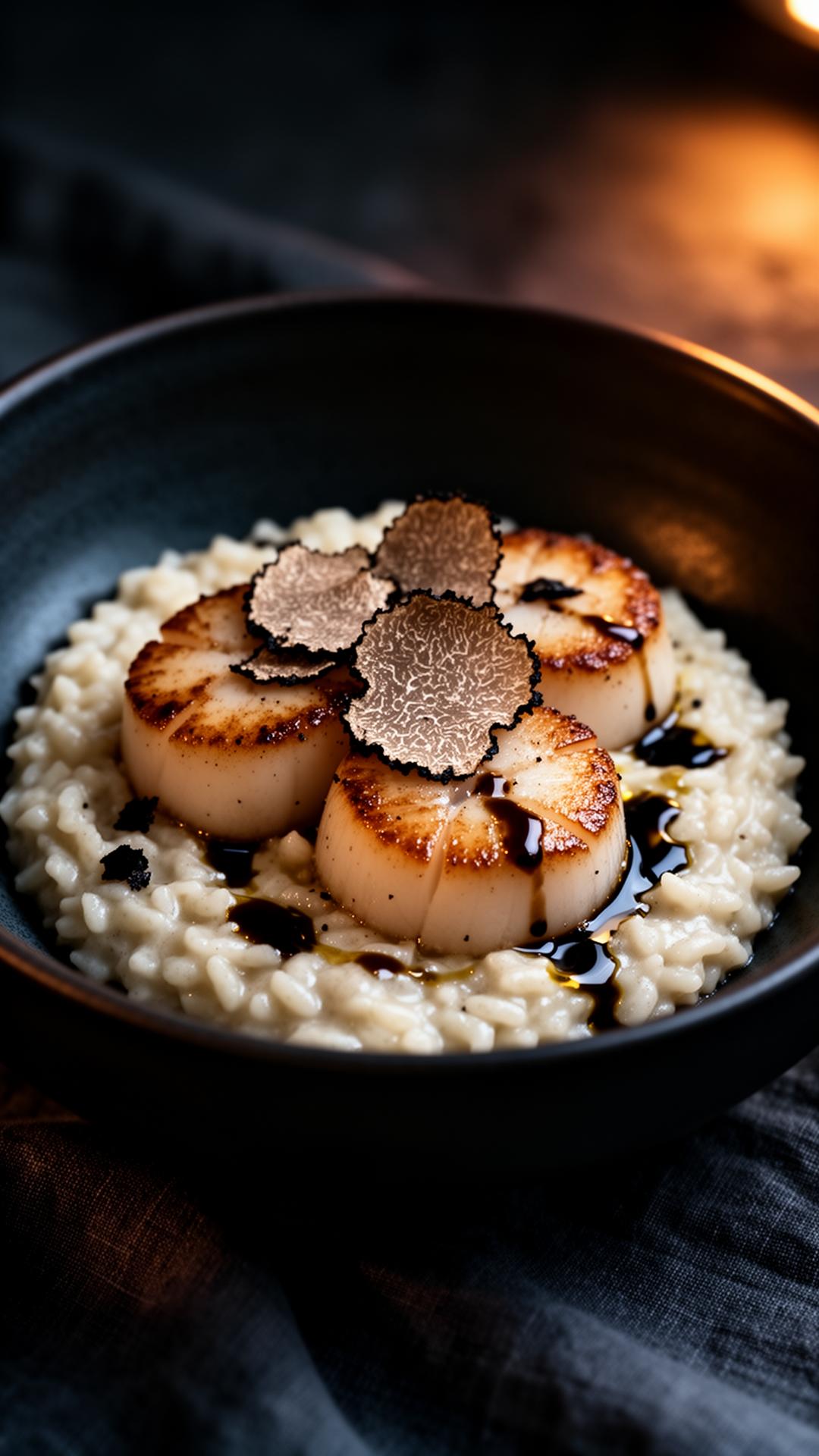 Seared diver scallops over truffle risotto with shaved black truffle